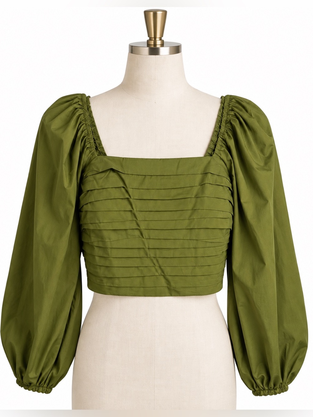 Abercrombie & Fitch Olive Green Puff-Sleeve Square-Neck Crop Top